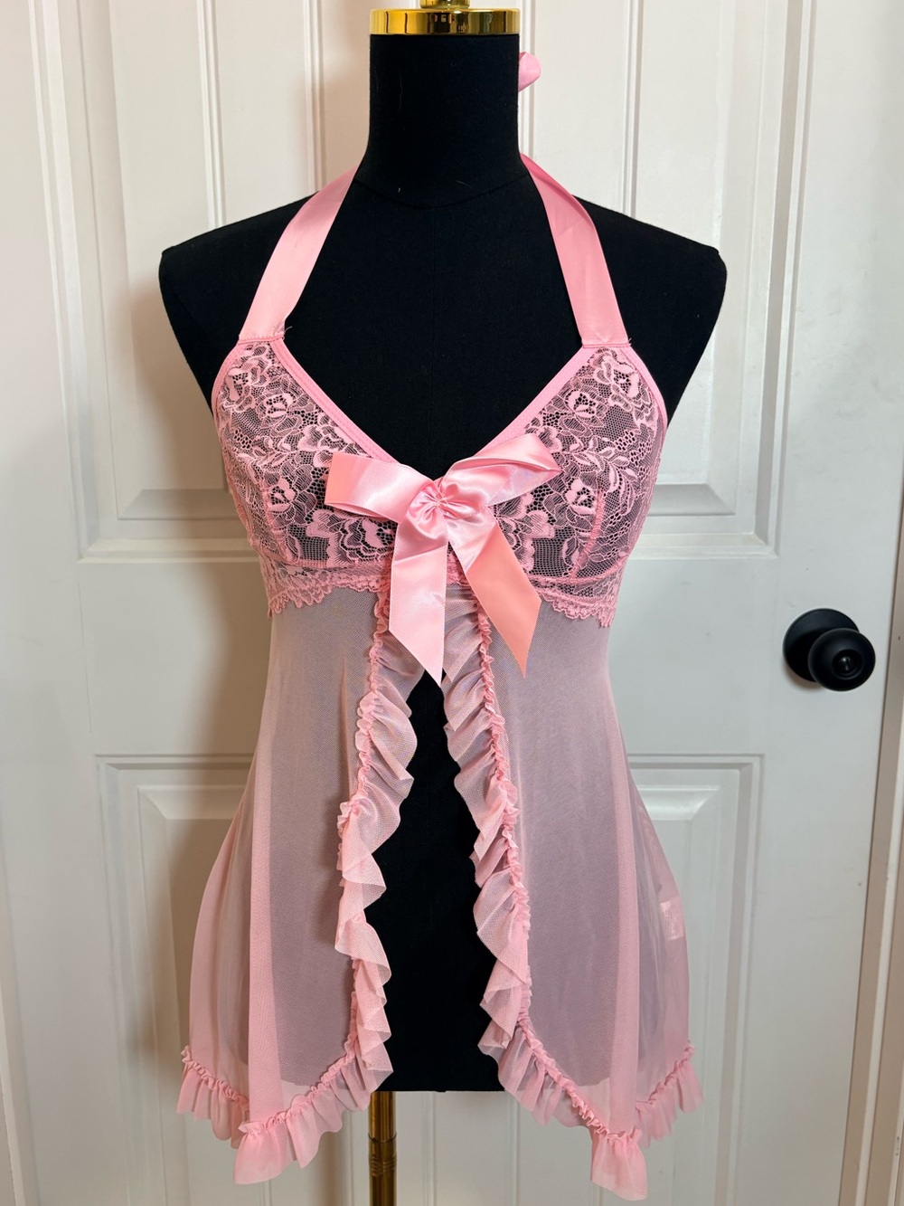 Womens Pink Sheer Lace Babydoll Lingerie Dress Halter Tie Ruffle Hem Size M